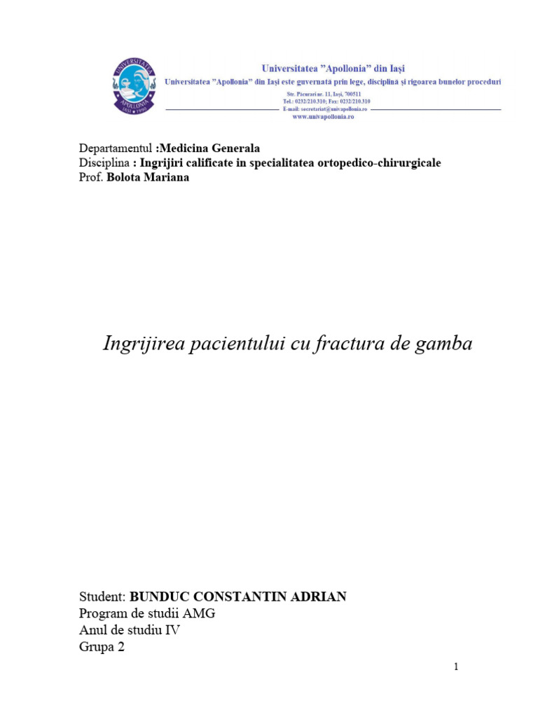 Ingrijirea Pacientului Cu Fractura Deschisa de Gamba | PDF