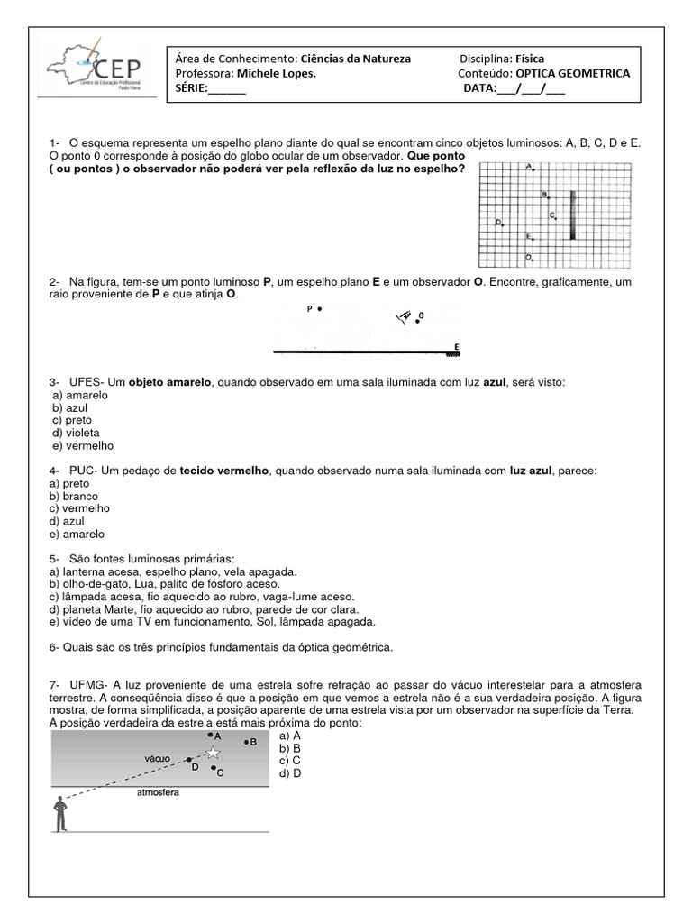 Questões sobre Óptica Geométrica | PDF | Espelho | Ótica