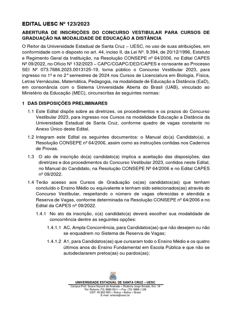 Inscrições para Vestibular EaD UESC 2023 | PDF