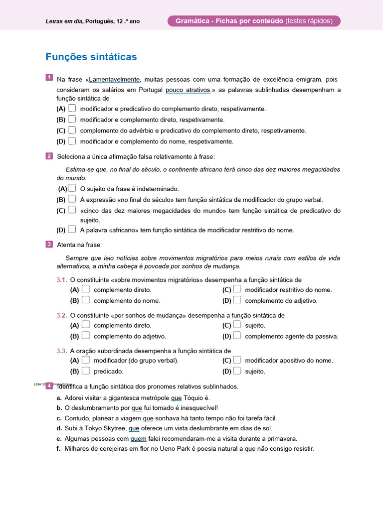 Funcoes Sintaticas Pdf Assunto Gramática Linguística