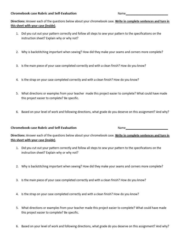 Chromebook Case Evaluation and Rubric PDF Seam (Sewing) Rubric
