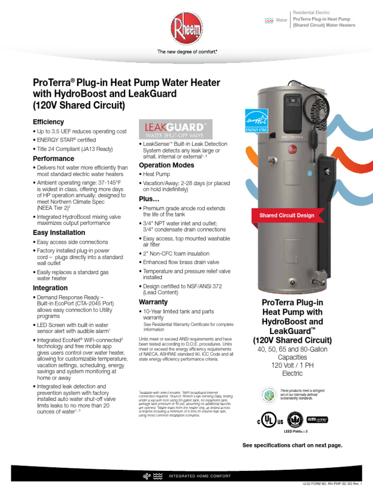 Proterra Plug-In Heat Pump Water Heater With Hydroboost and Leakguard ...