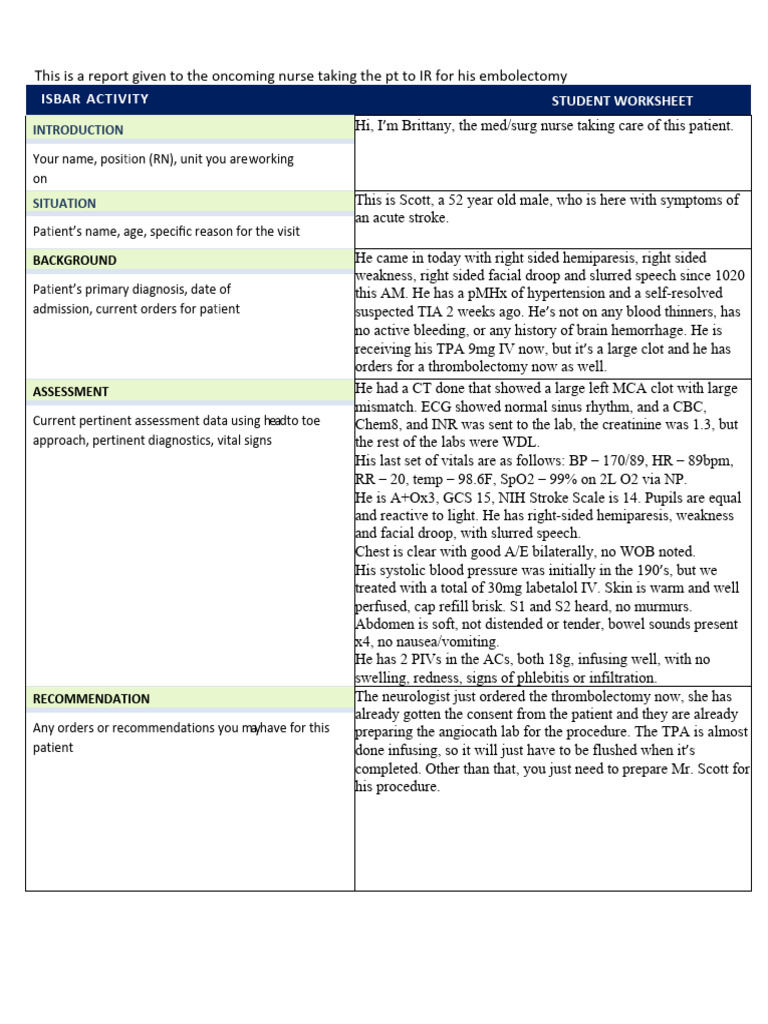 Isbar Stroke Pdf Stroke Cardiovascular System