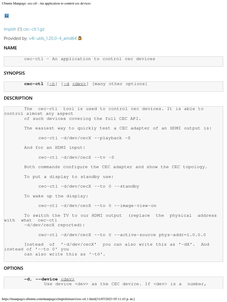 Ubuntu Manpage - Cec-Ctl - An Application To Control Cec Devices | PDF ...