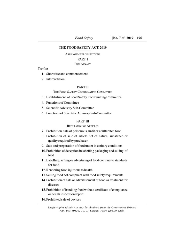 The Food Safety Act No. 7, 2019 PDF Food Safety Regulatory Compliance