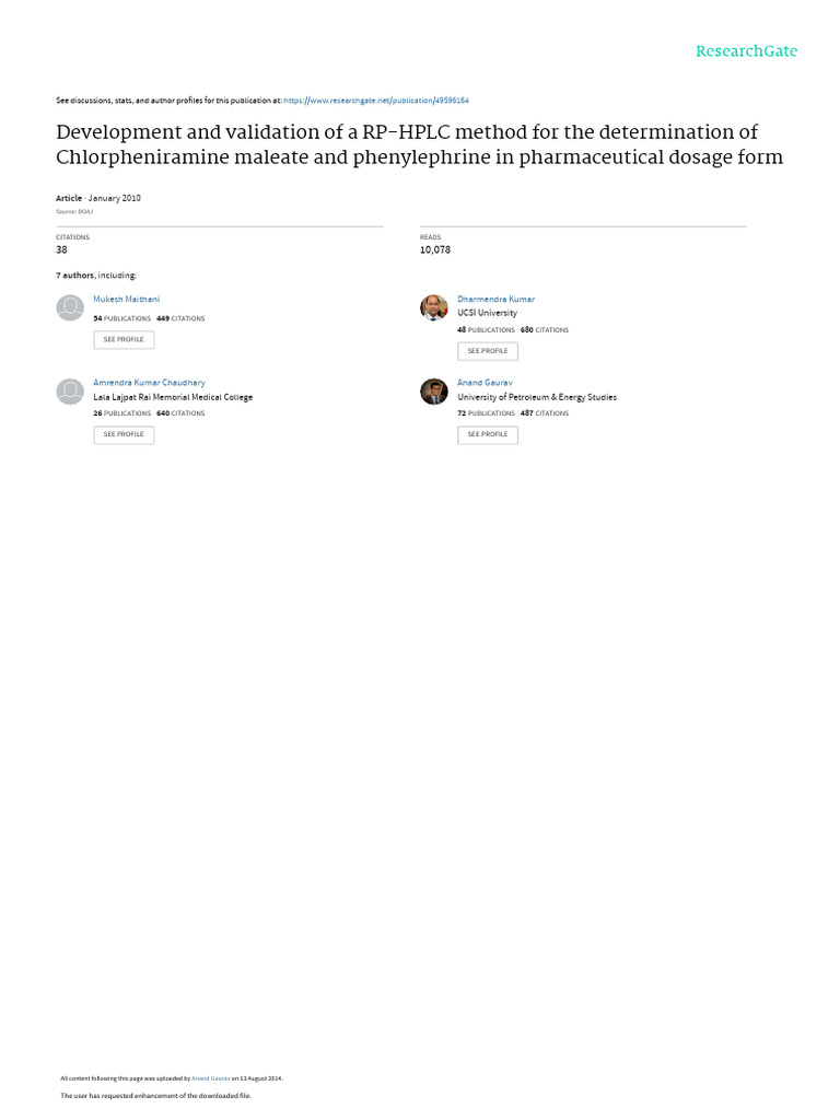 Development and Validation of A RP-HPLC Method For | PDF | Detection ...