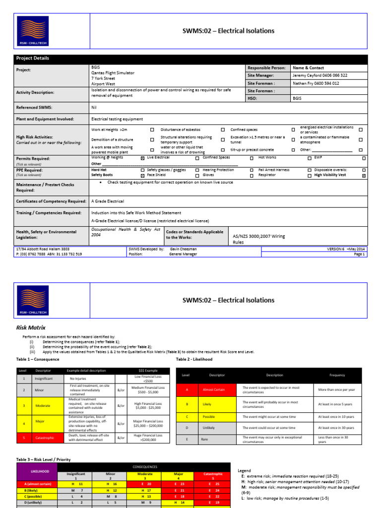 Electrical Isolation SWMS Guidelines | PDF | Risk | Fuse (Electrical)