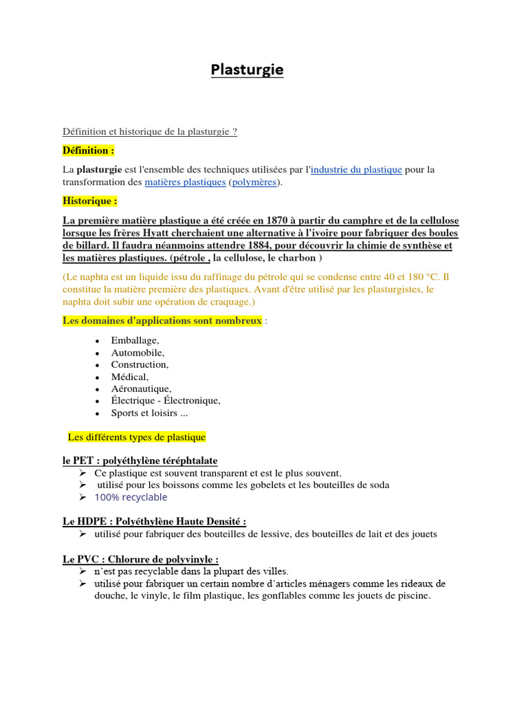 Définition et historique de la plasturgie | PDF | Plastique | Chimie ...