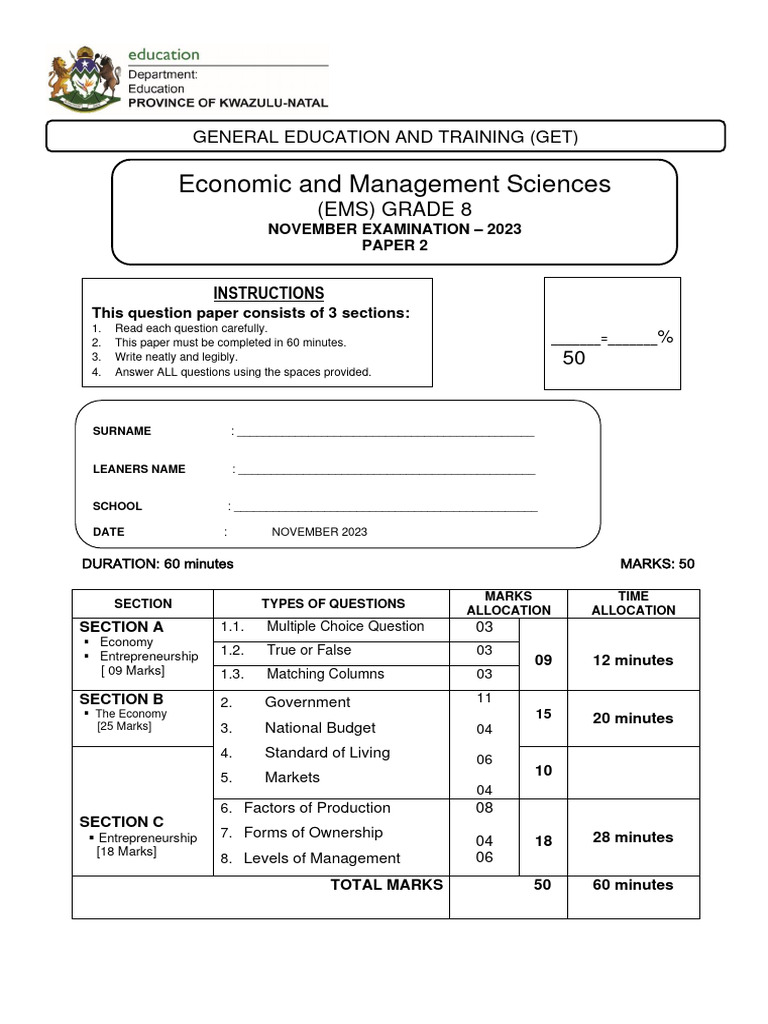 Grade 8 EMS November Exam Paper 2 | PDF | Labour Economics | Market ...