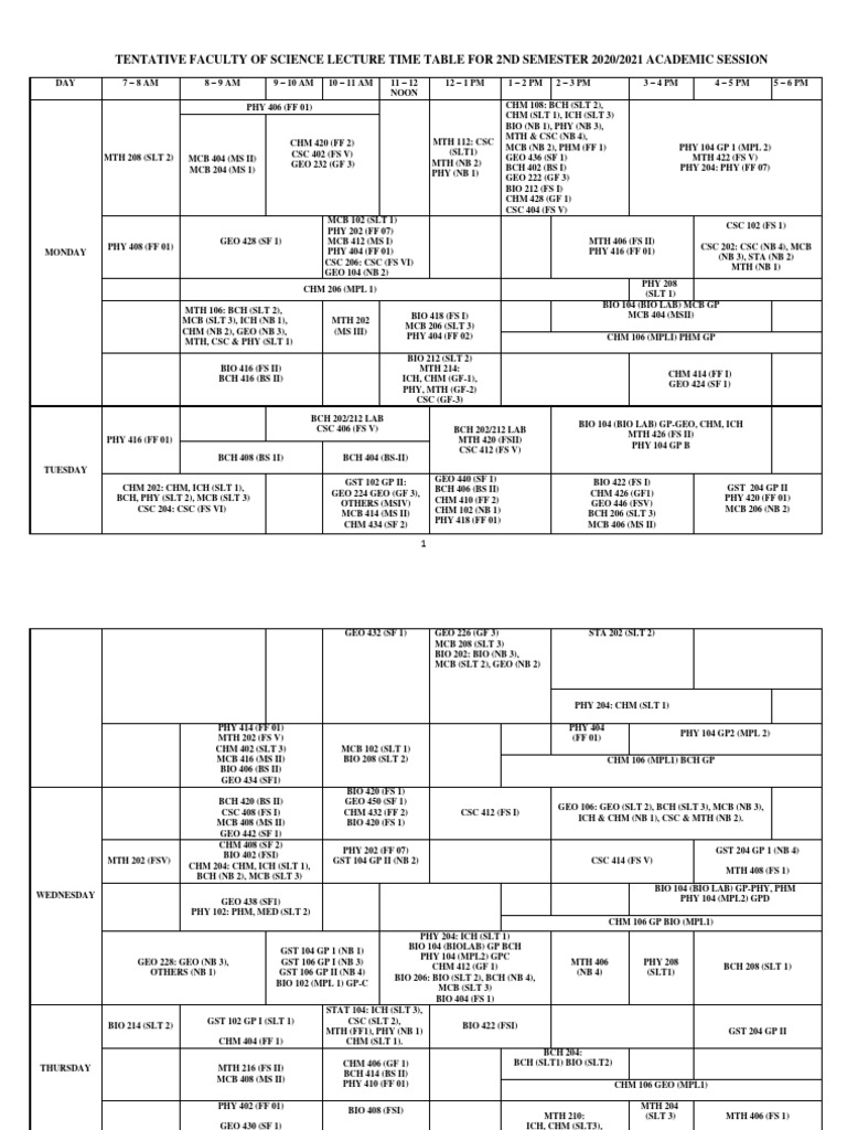 Tentative Faculty of Science Lecture Timetable | PDF | Observation ...