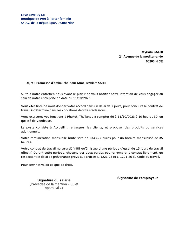 Promesse d'embauche pour Myriam Salhi | PDF | Droit du travail ...
