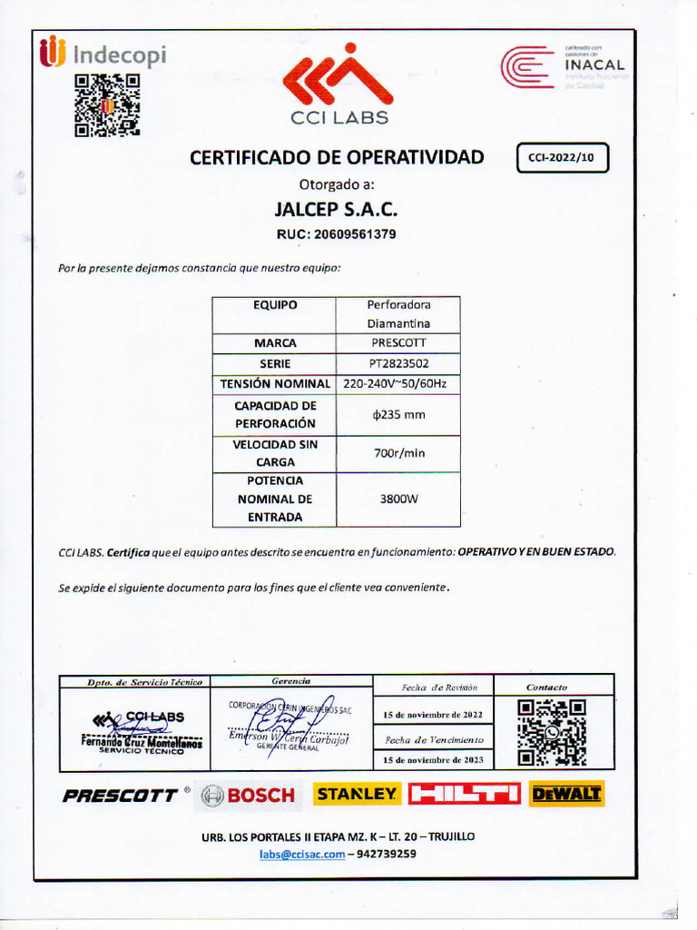 Certificado de Operatividad-Perforadora Diamantina | PDF