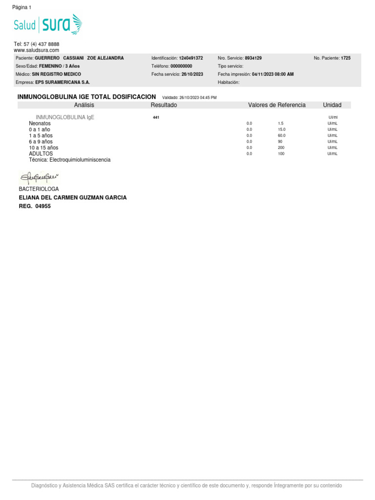 Resultados IgE en Niña de 3 Años | PDF