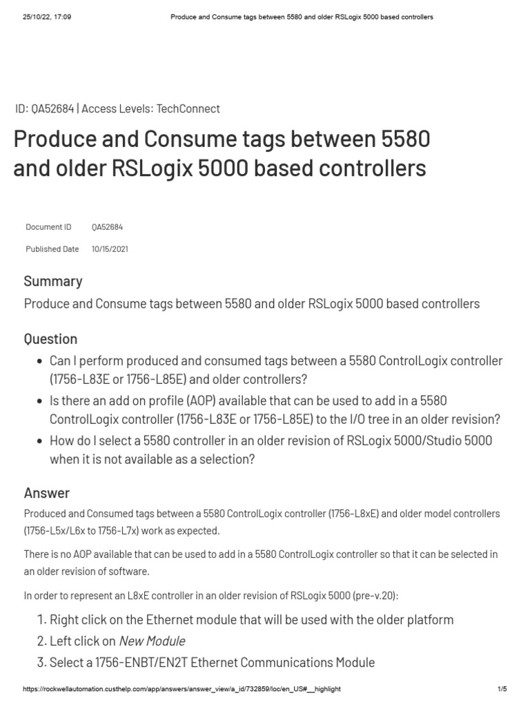 Produce and Consume Tags Between 5580 and Older RSLogix 5000 Based
