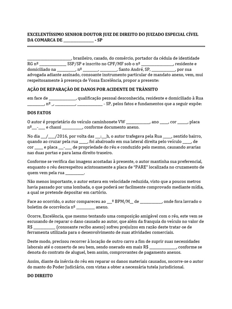 Modelo de Acao de Reparacao de Danos Por Acidente de Transito | PDF ...