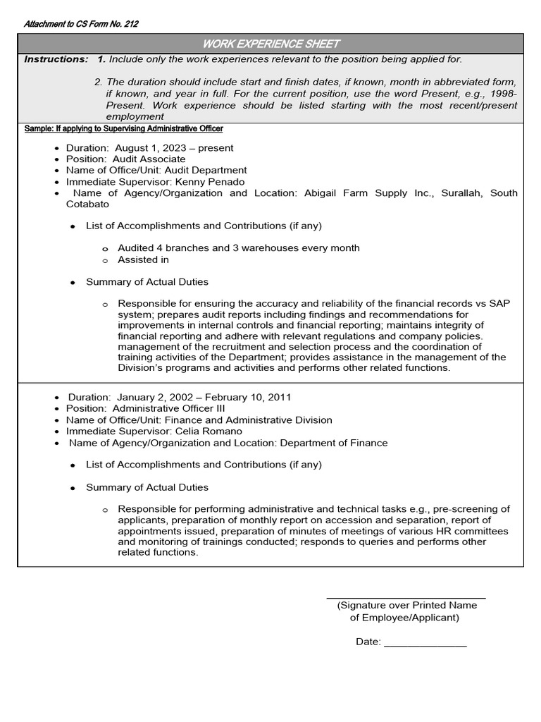 CS Form No. 212 Attachment - Work Experience Sheet | PDF | Audit ...