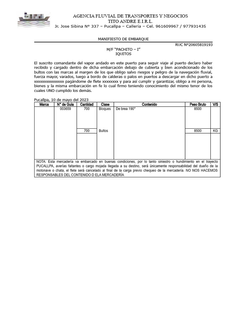 Conocimiento De Embarque Pdf