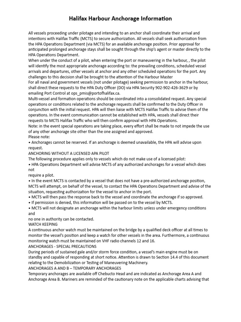 Halifax Harbour Anchor Information PDF Maritime Pilot