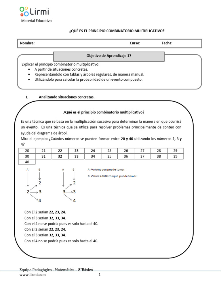 Guía del Principio Combinatorio 8° Básico | PDF | Combinatoria ...