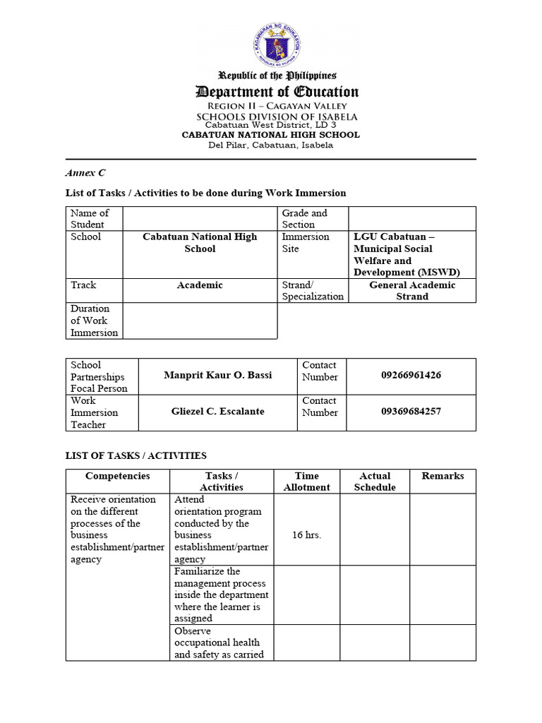 Work Immersion Tasks for Students | PDF