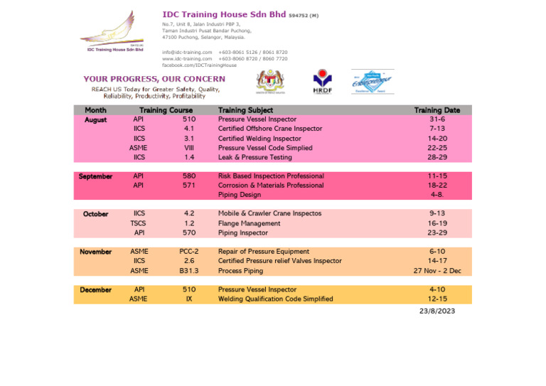 Course Calendar Format