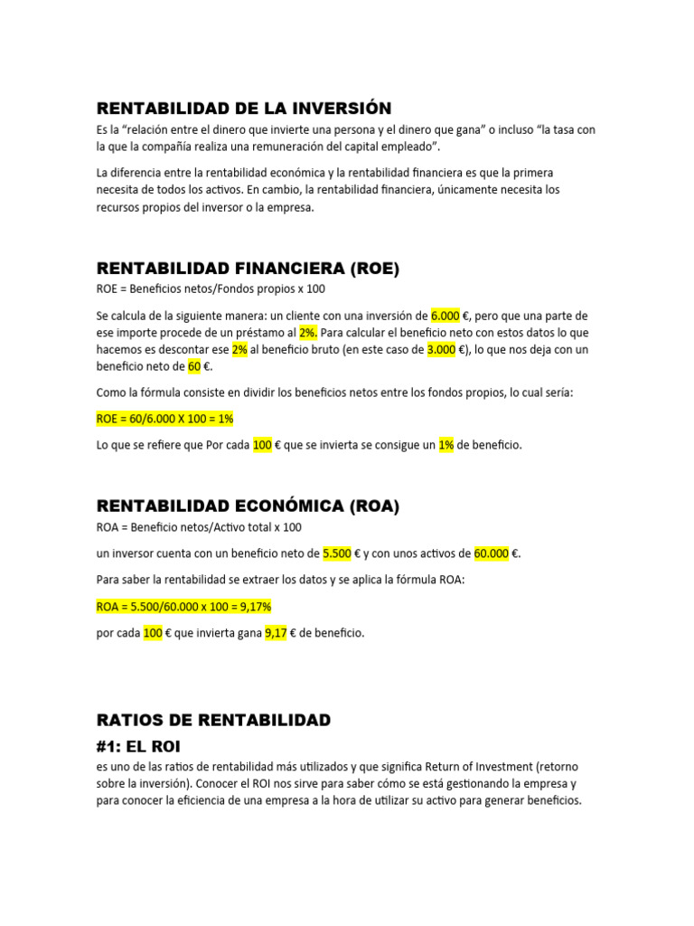 Fórmulas de Rentabilidad Financiera | PDF | Rentabilidad sobre recursos ...