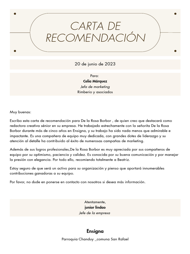 Carta de recomendación para De la Rosa | PDF