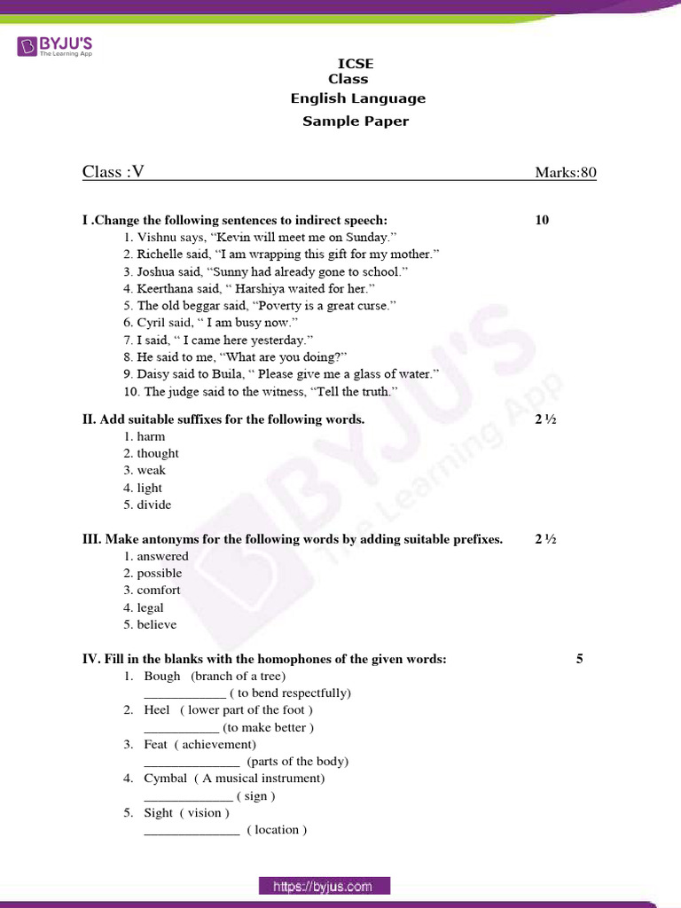 ICSE Class 5 English Language Sample Paper | PDF | Syntax | Language ...