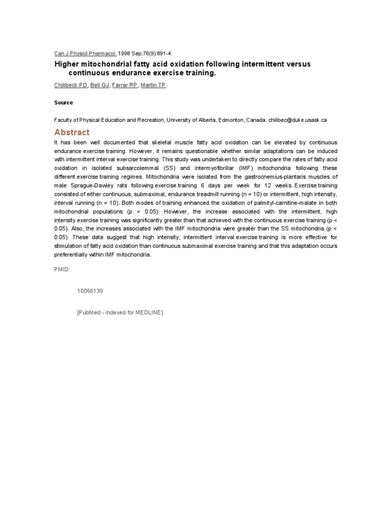 Intermittent vs Continuous Exercise: Fatty Acid Oxidation | PDF