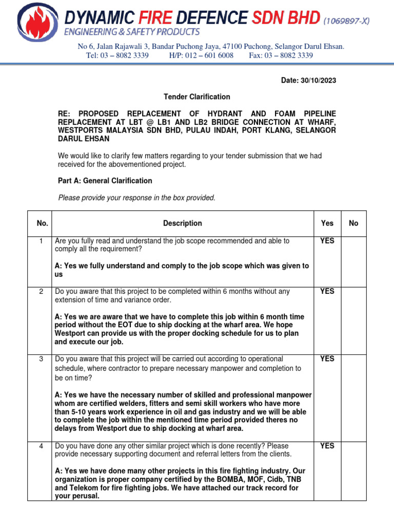TENDER CLARIFICATION NO. 1 - HYDRANT AND FOAM PIPELINE REPLACEMENT AT ...