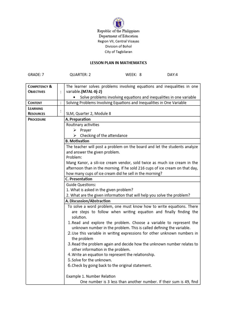 Prototype Lesson Plan in Math 7 Q2 Week8 Day 4 | PDF | Equations ...