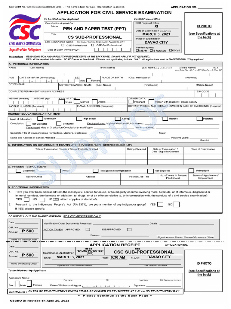 CSC Application Form SUB PROFESSIONAL Davao City PDF Identity