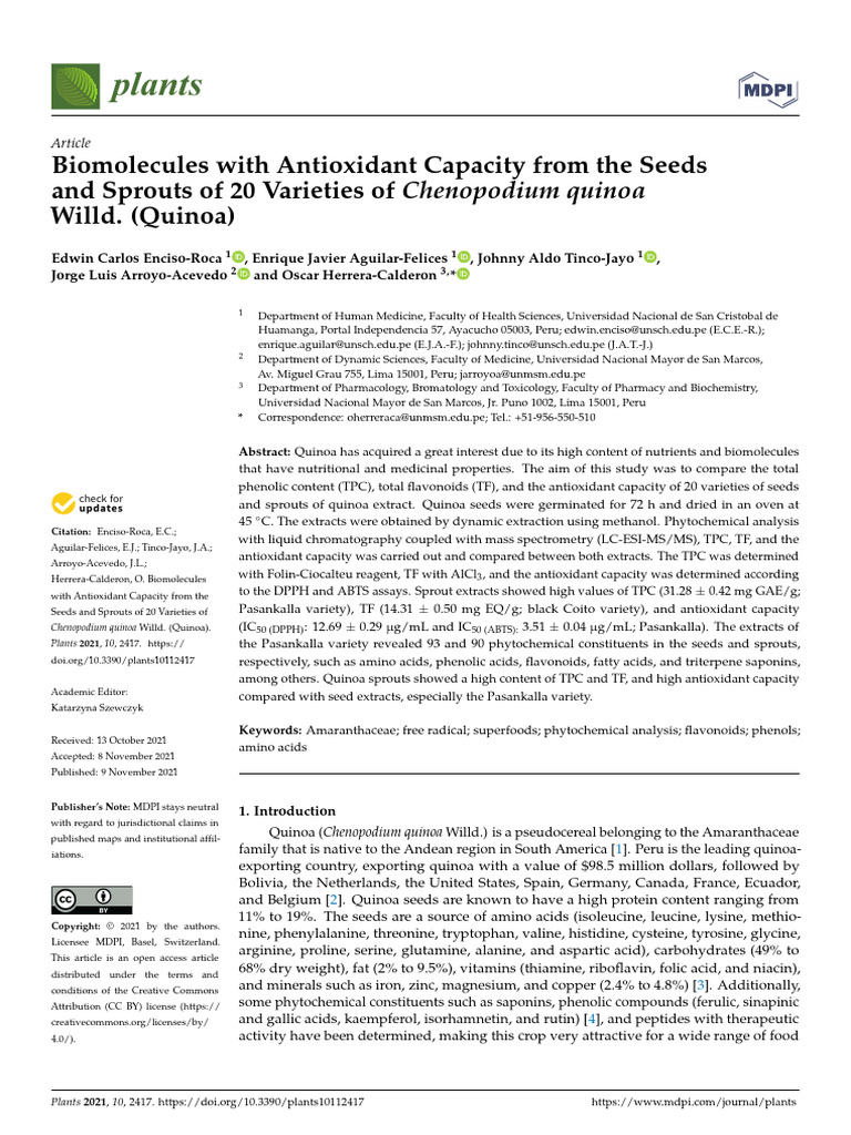 Biomolecules With Antioxidant Capacity From The Seeds and Sprouts of 20