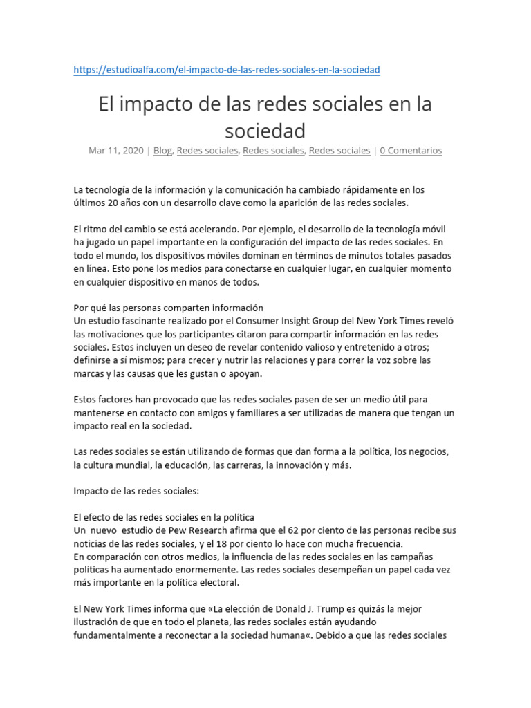 Impacto de las Redes Sociales en la Sociedad | PDF | Servicio de redes ...