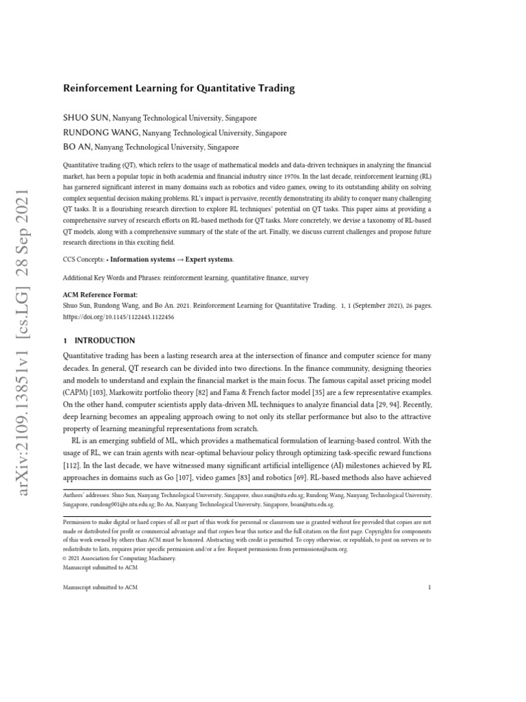 Reinforcement Learning For Quantitative Trading - 2021 | PDF | Day ...