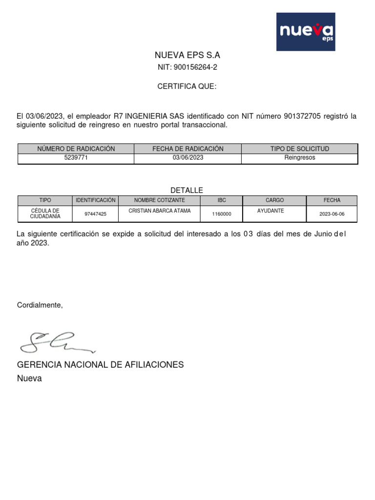 Certificado de Reingreso Nueva EPS | PDF | Finanzas y dinero