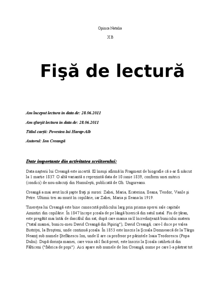 fisa de lectura harap alb