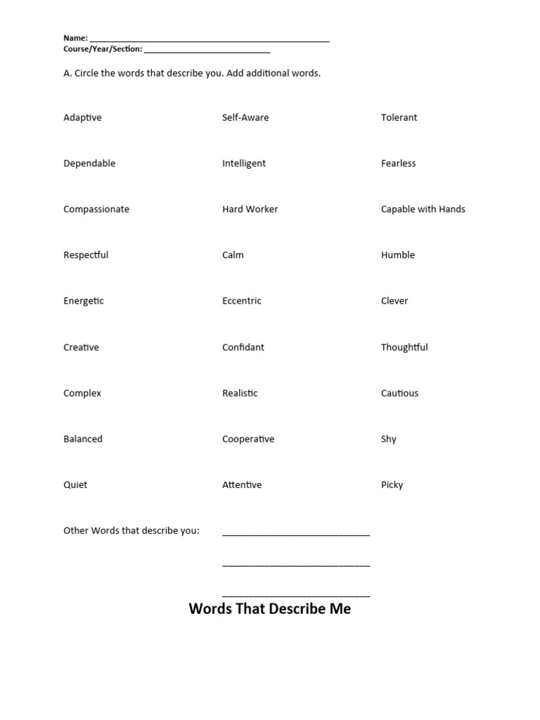Words That Describe Me Activity Lesson 1 PDF