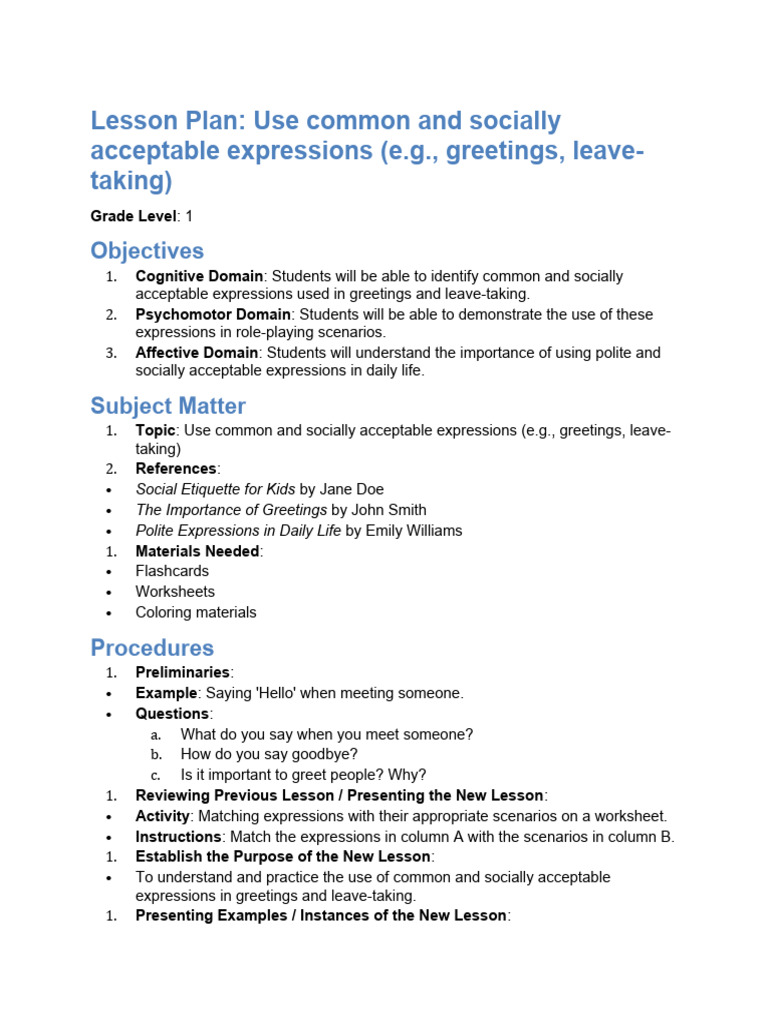 Grade 1 Polite Greetings Lesson Plan | PDF | Psychological Concepts ...