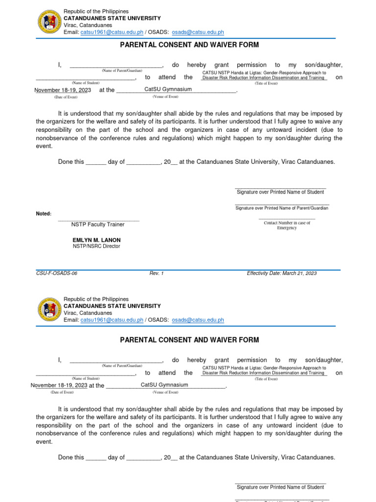 Parental Consent for CatSU Event | PDF | Government | Justice