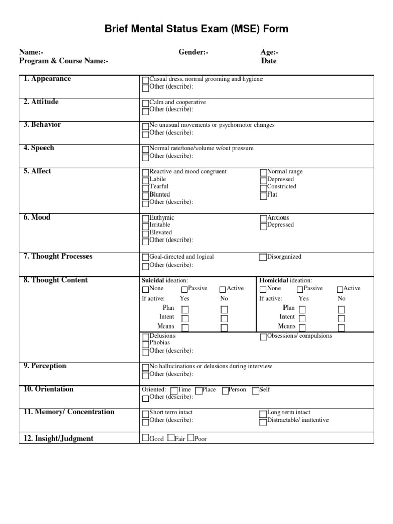 Mental Status Exam Template 07 | PDF | Causes Of Death | Psychological ...
