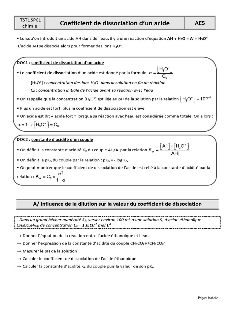Coefficient de dissociation des acides | PDF | Dissociation (chimie) | Ph