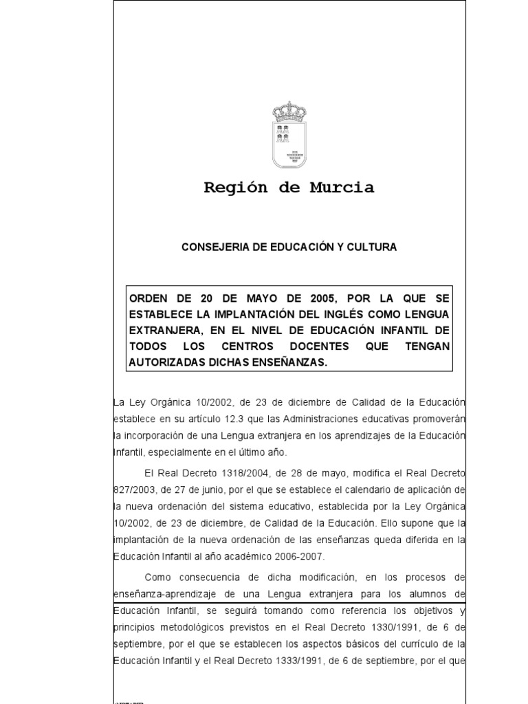 2005520 Orden Ingles en Infantil PDF Educación primaria Maestros