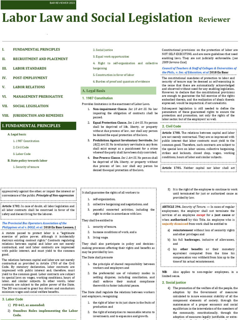 Labor Law and Social Legislation Guide | PDF | Employment | Labor