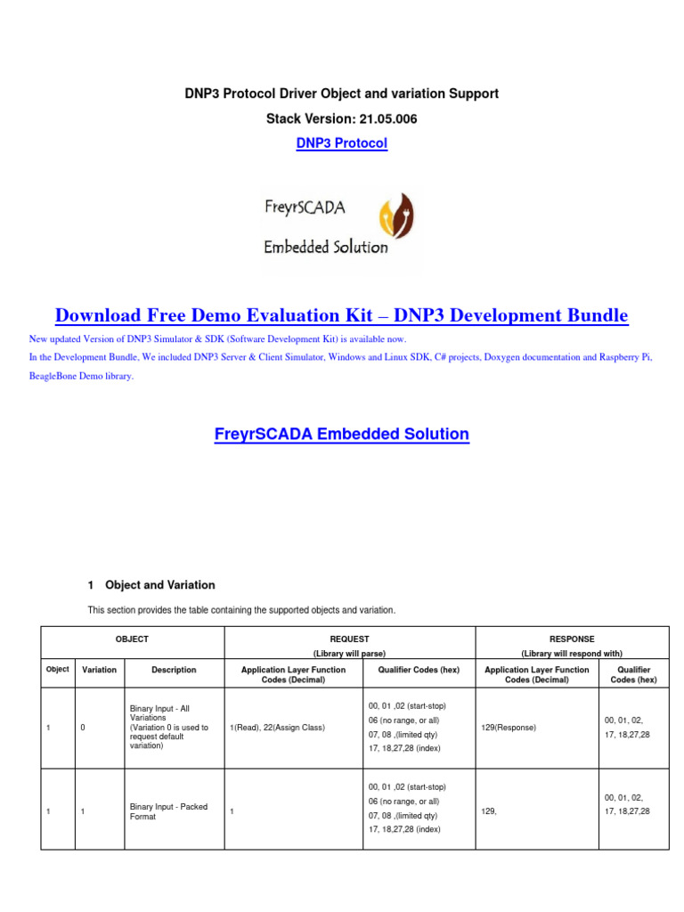 FreyrSCADA DNP Driver Object Variation Support PDF Library