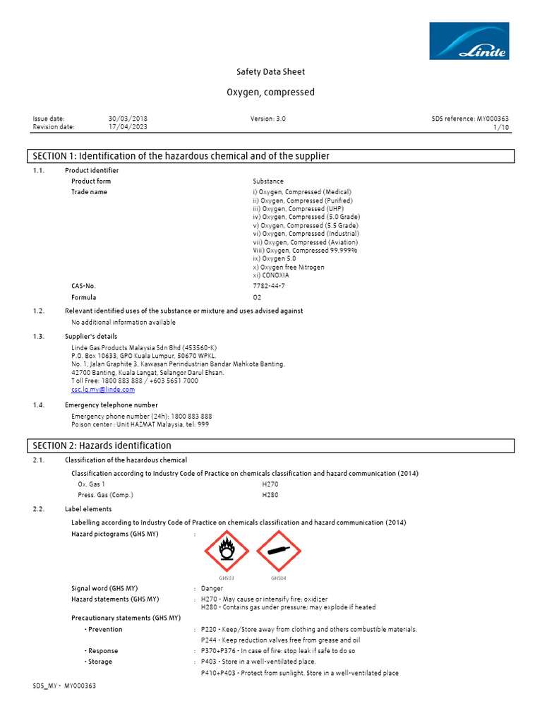 SDS Oxygen Compressed Linde Eng PDF Dangerous Goods Firefighting