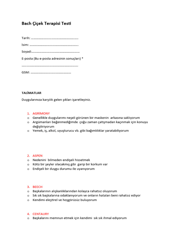 Bach Flowers Test | PDF
