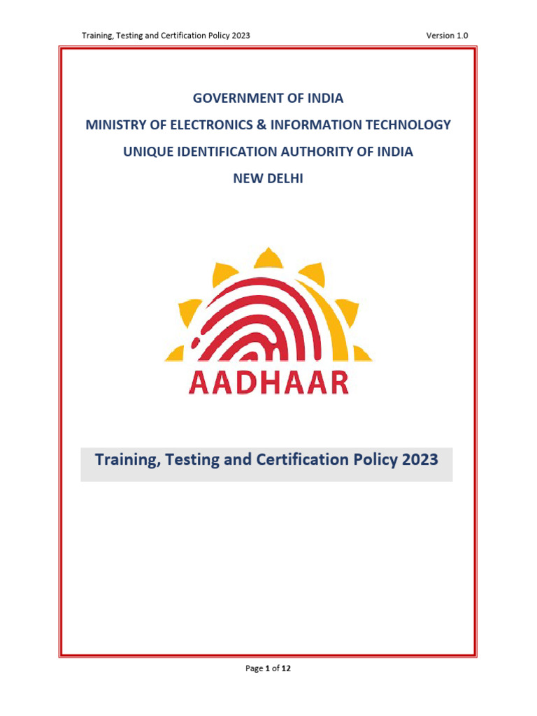 UIDAI Training and Certification Policy 2023 | PDF | Computing ...