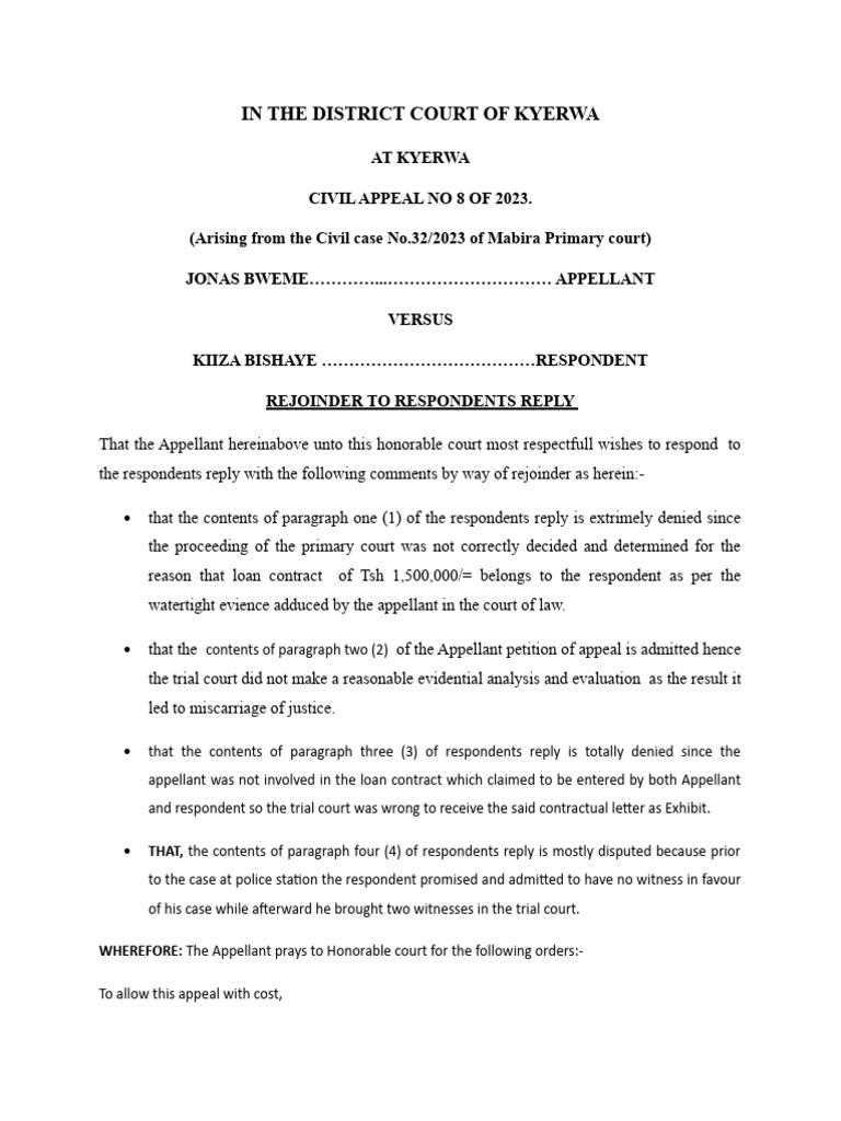 In The District Court of Kyerwa: WHEREFORE: The Appellant Prays To ...