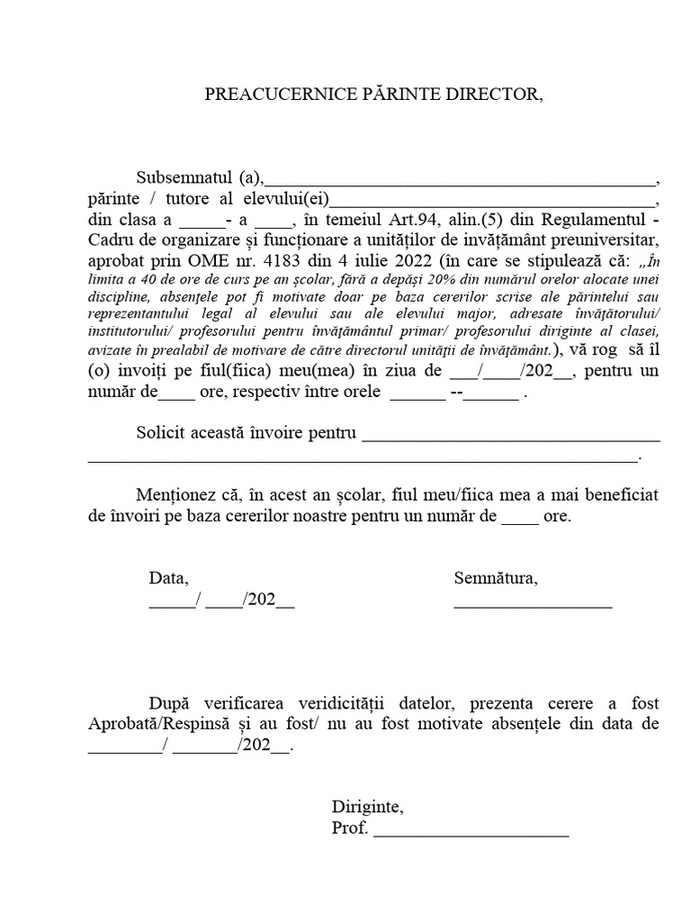 Cerere Invoire Elev - Art.94 | PDF